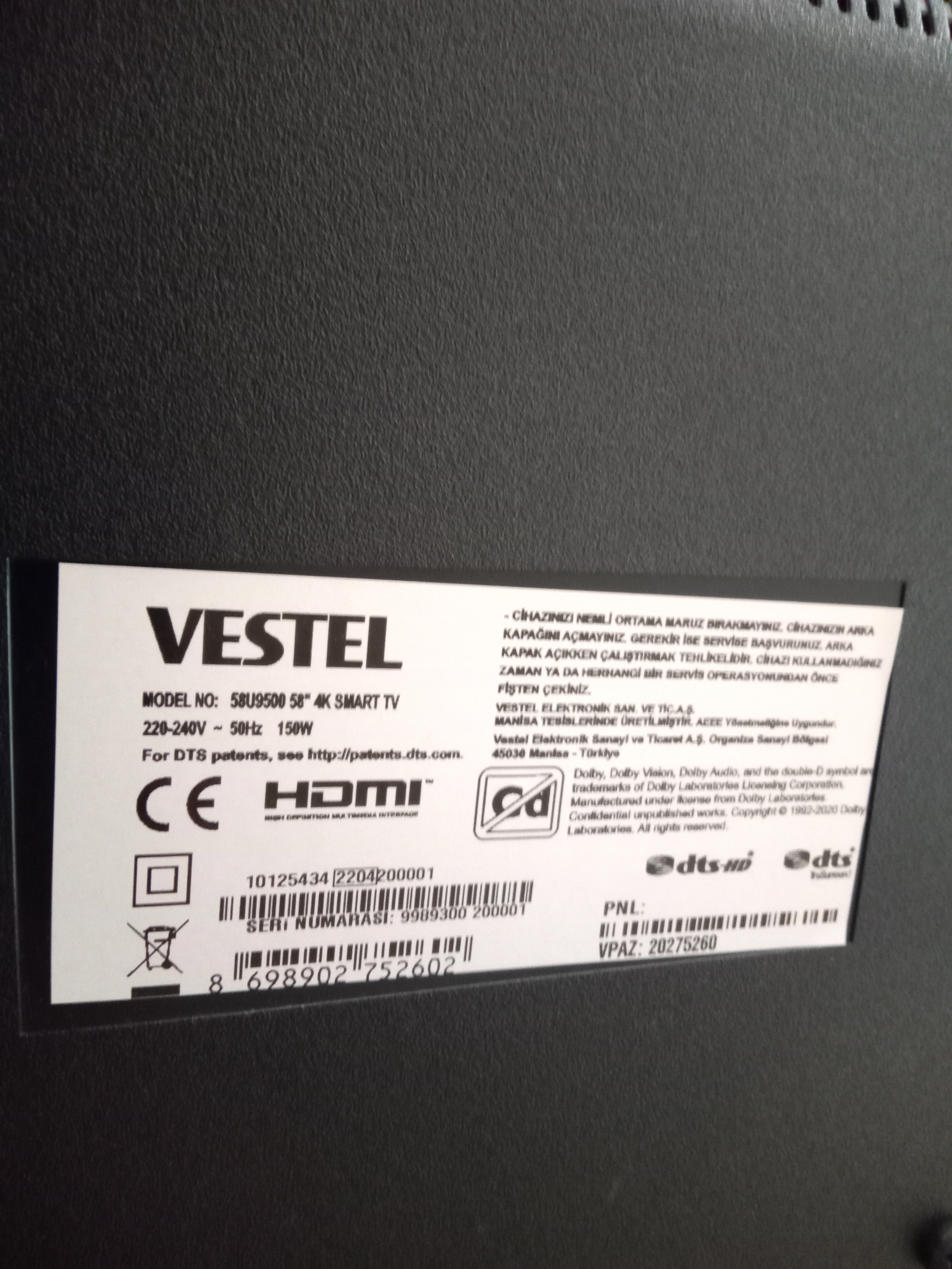 Vestel 58'' Televizyon 58U9500